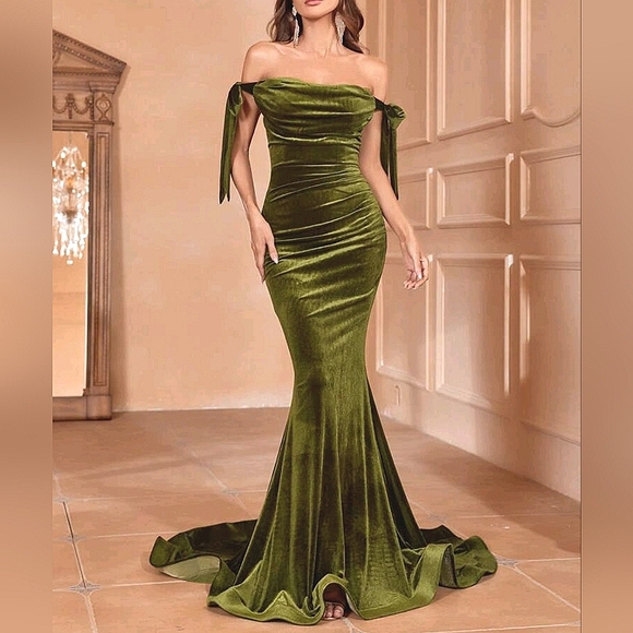 New Glam Velvet Ruched Bodycon Stretch Maxi Mermaid Gown Dress Olive Green - Picture 6 of 10